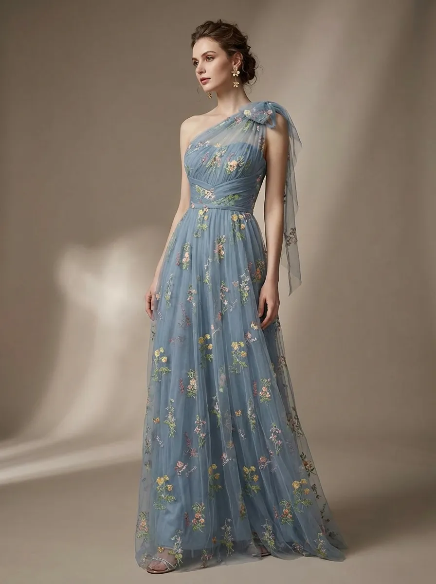 Grey Blue Embroidered Prom Dress | A-Line Tulle Gown with Bowknot Straps