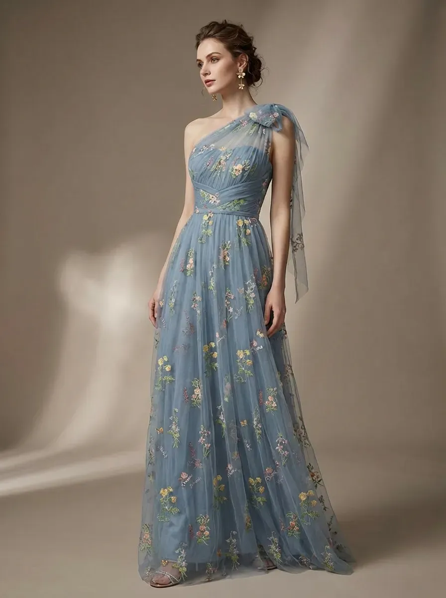 Grey Blue Embroidered Prom Dress | A-Line Tulle Gown with Bowknot Straps