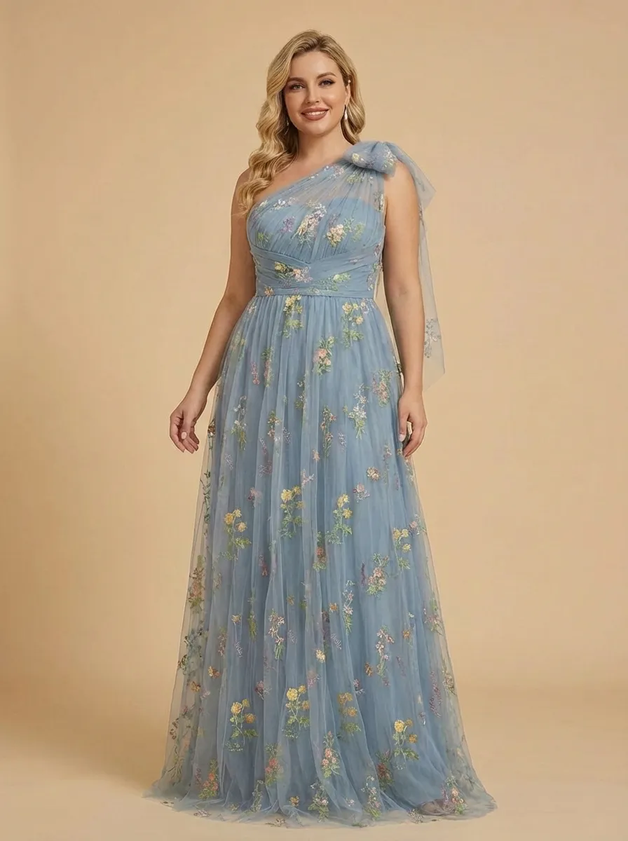 Grey Blue Embroidered Prom Dress | A-Line Tulle Gown with Bowknot Straps