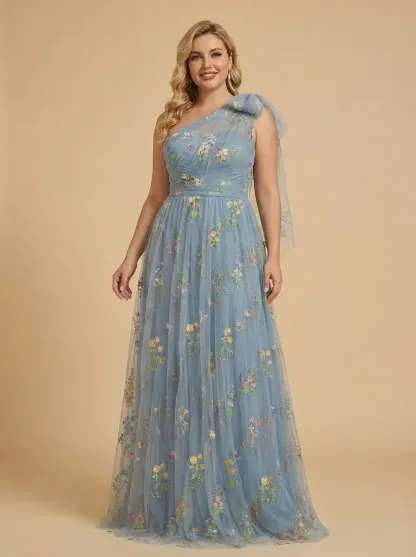Grey Blue Embroidered Prom Dress | A-Line Tulle Gown with Bowknot Straps