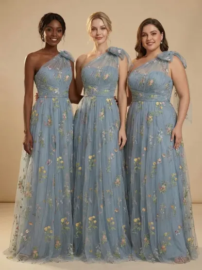 Grey Blue Embroidered Prom Dress | A-Line Tulle Gown with Bowknot Straps