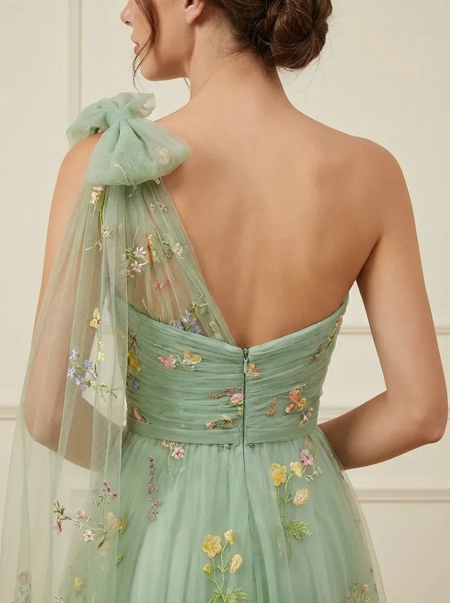 Grey Blue Embroidered Prom Dress | A-Line Tulle Gown with Bowknot Straps