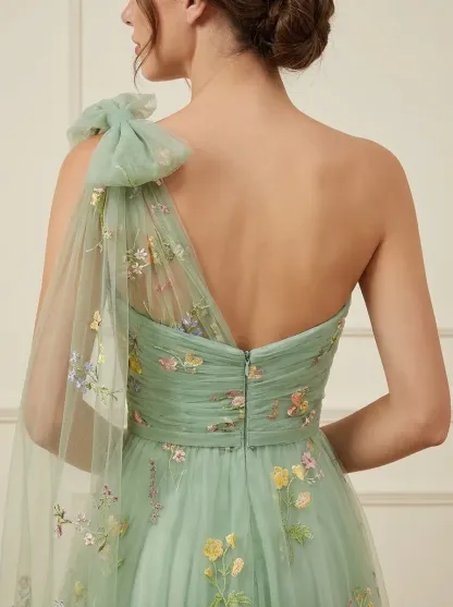 Grey Blue Embroidered Prom Dress | A-Line Tulle Gown with Bowknot Straps