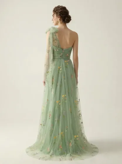 Grey Blue Embroidered Prom Dress | A-Line Tulle Gown with Bowknot Straps