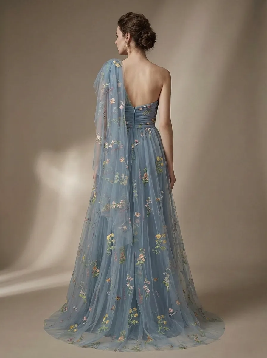 Grey Blue Embroidered Prom Dress | A-Line Tulle Gown with Bowknot Straps