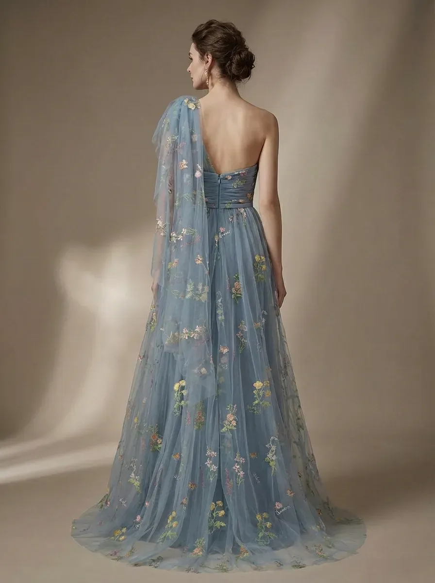 Grey Blue Embroidered Prom Dress | A-Line Tulle Gown with Bowknot Straps