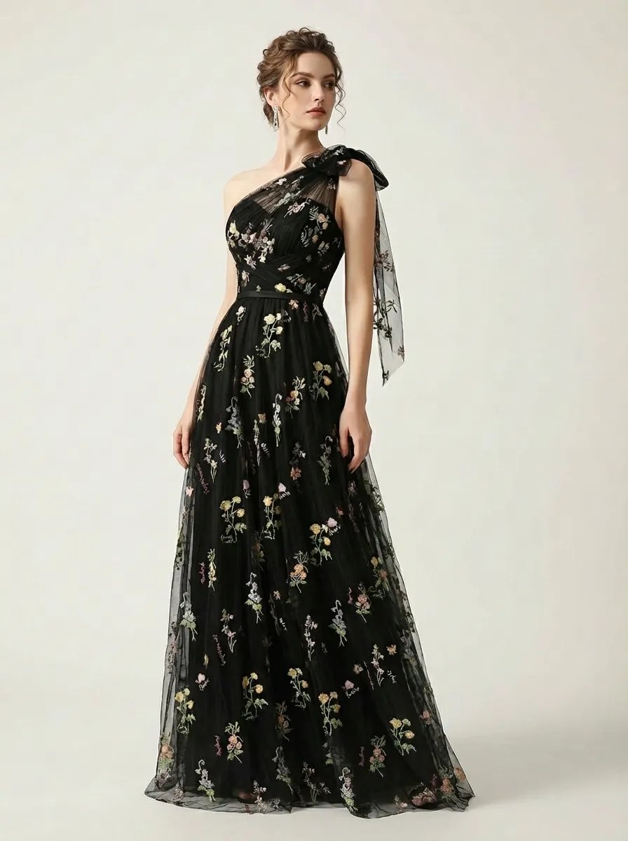 Grey Blue Embroidered Prom Dress | A-Line Tulle Gown with Bowknot Straps