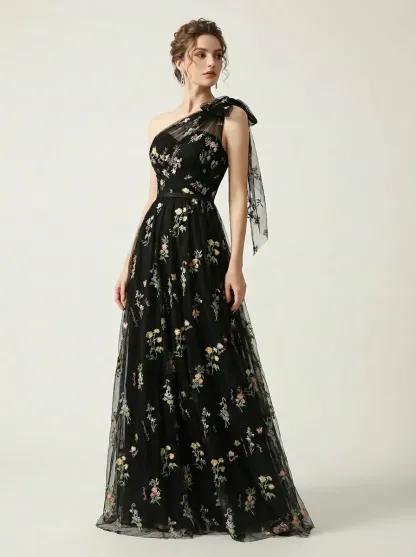 Grey Blue Embroidered Prom Dress | A-Line Tulle Gown with Bowknot Straps