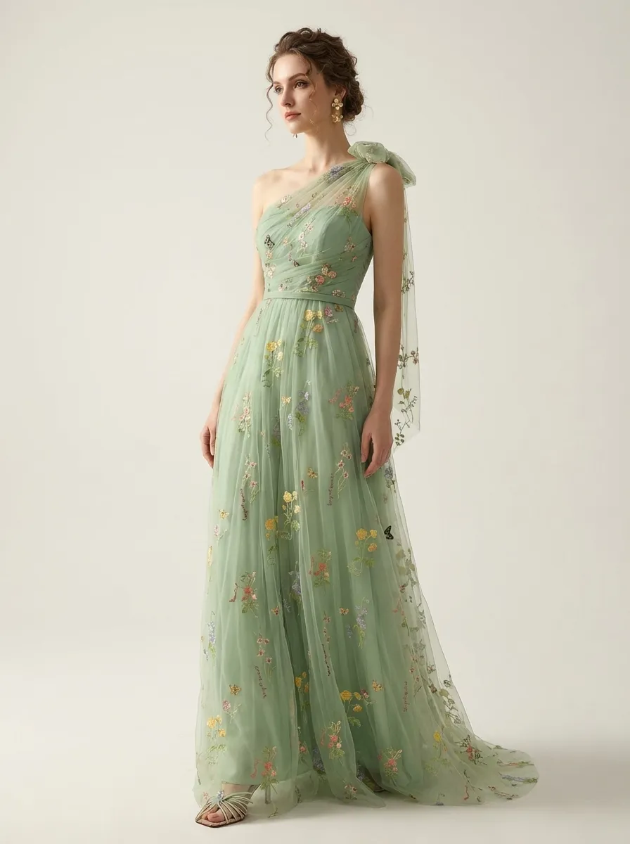 Grey Blue Embroidered Prom Dress | A-Line Tulle Gown with Bowknot Straps