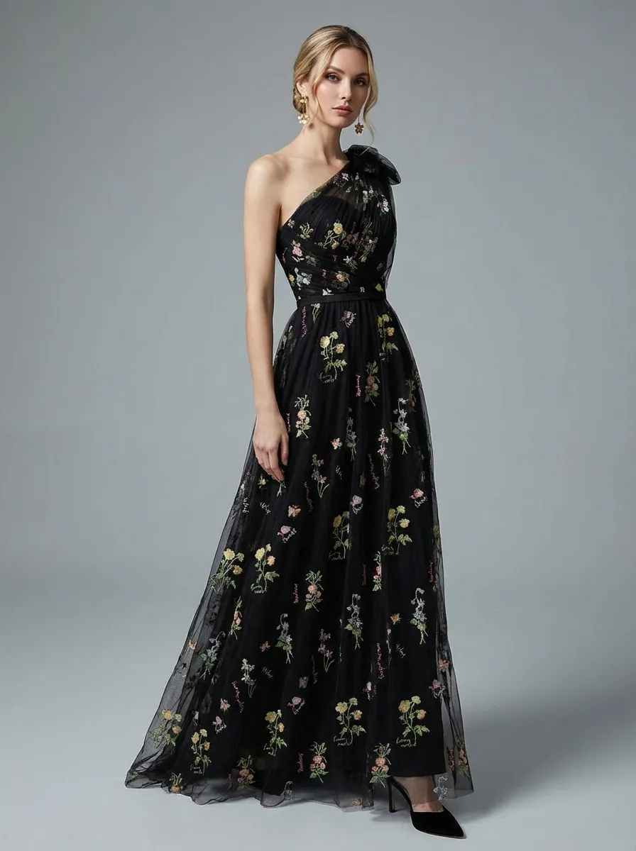 Grey Blue Embroidered Prom Dress | A-Line Tulle Gown with Bowknot Straps