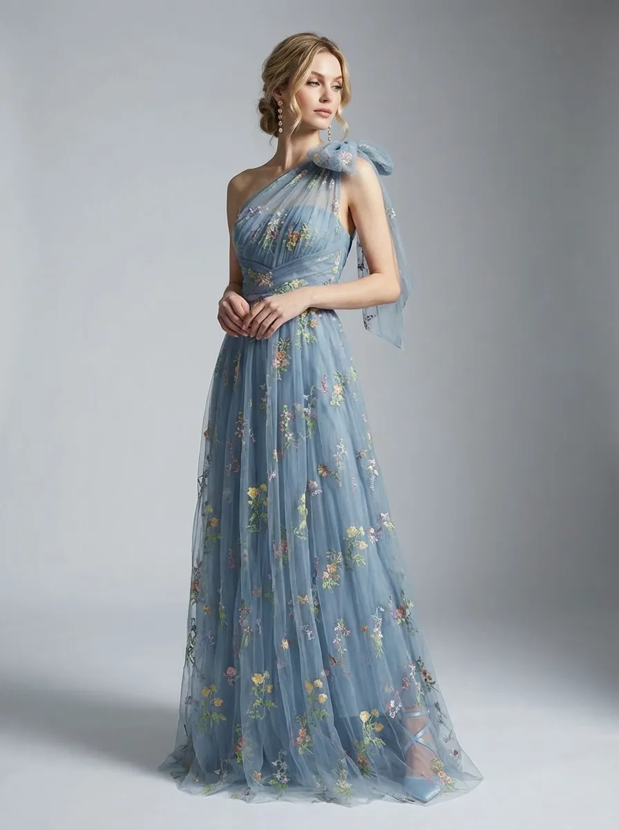 Grey Blue Embroidered Prom Dress | A-Line Tulle Gown with Bowknot Straps