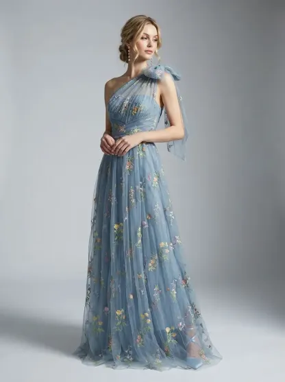 Grey Blue Embroidered Prom Dress | A-Line Tulle Gown with Bowknot Straps