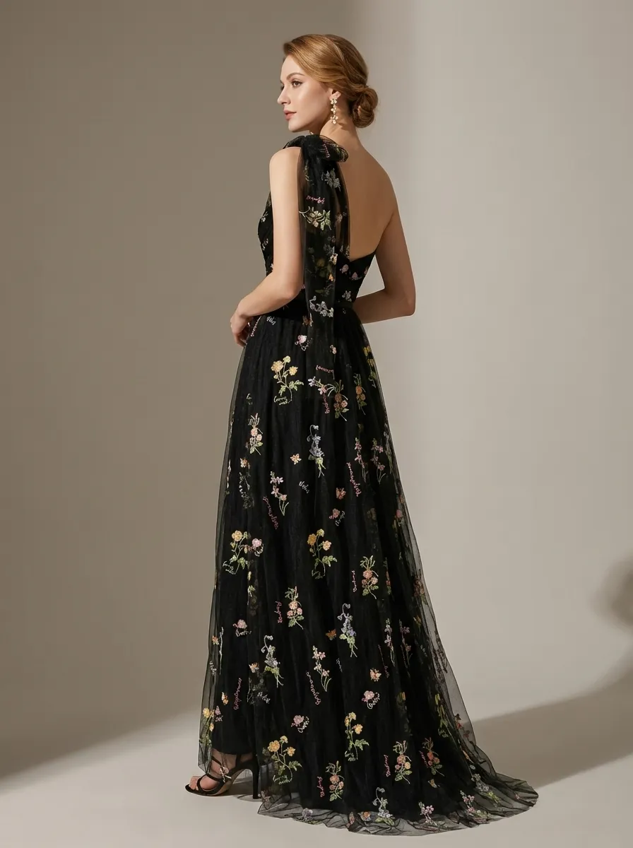 Grey Blue Embroidered Prom Dress | A-Line Tulle Gown with Bowknot Straps