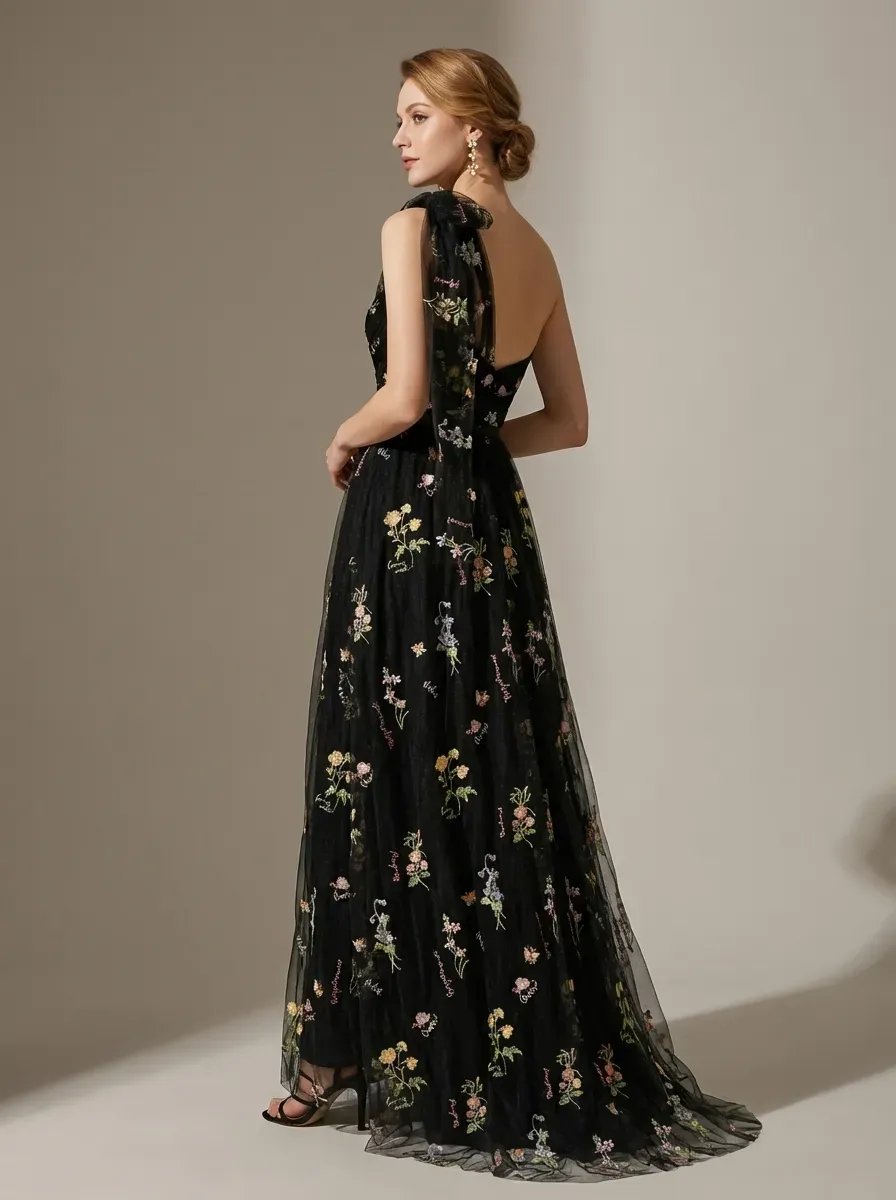 Grey Blue Embroidered Prom Dress | A-Line Tulle Gown with Bowknot Straps