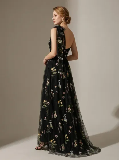 Grey Blue Embroidered Prom Dress | A-Line Tulle Gown with Bowknot Straps