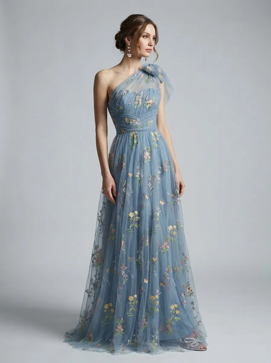 Grey Blue Embroidered Prom Dress | A-Line Tulle Gown with Bowknot Straps