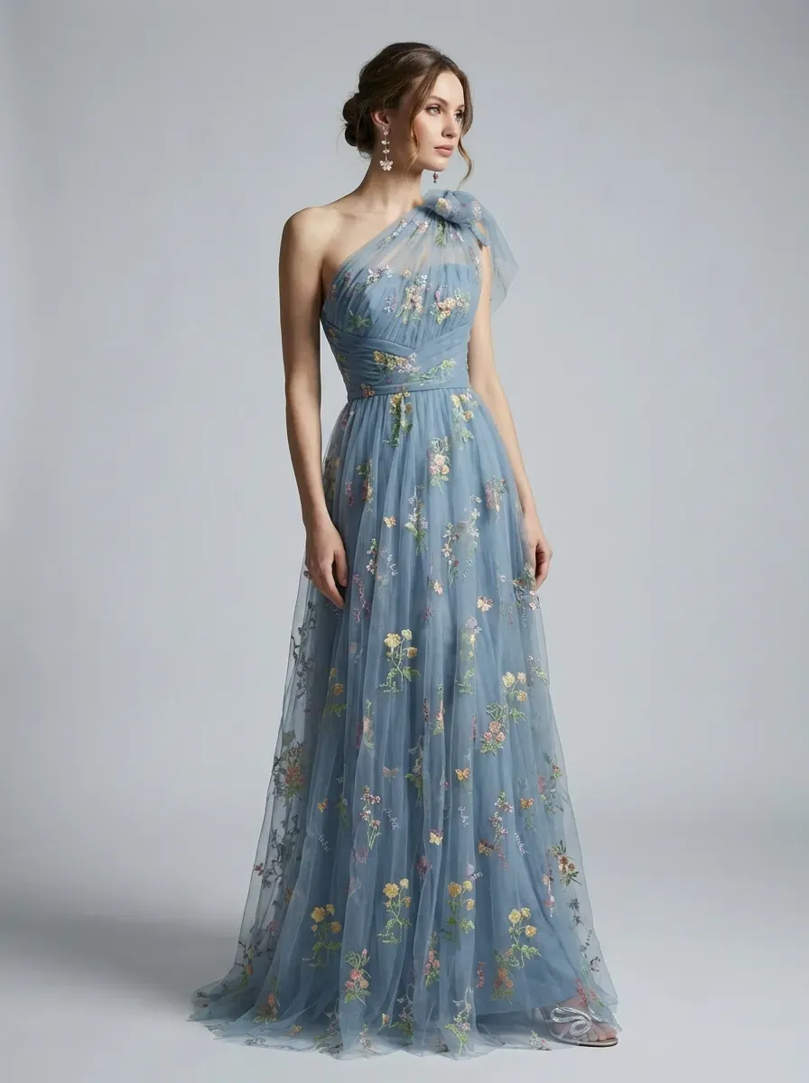 Grey Blue Embroidered Prom Dress | A-Line Tulle Gown with Bowknot Straps