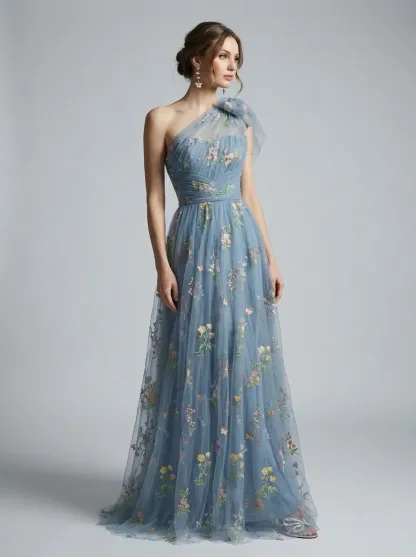 Grey Blue Embroidered Prom Dress | A-Line Tulle Gown with Bowknot Straps