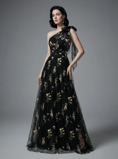 Grey Blue Embroidered Prom Dress | A-Line Tulle Gown with Bowknot Straps
