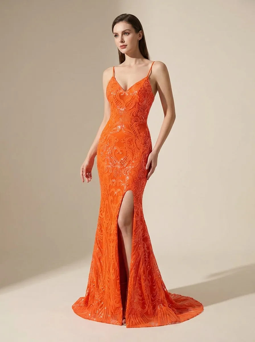 Orange Mermaid Prom Dress | Spaghetti Straps Gown with Front Slit