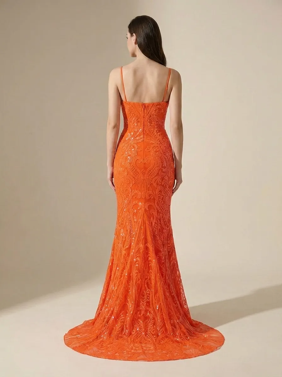 Orange Mermaid Prom Dress | Spaghetti Straps Gown with Front Slit