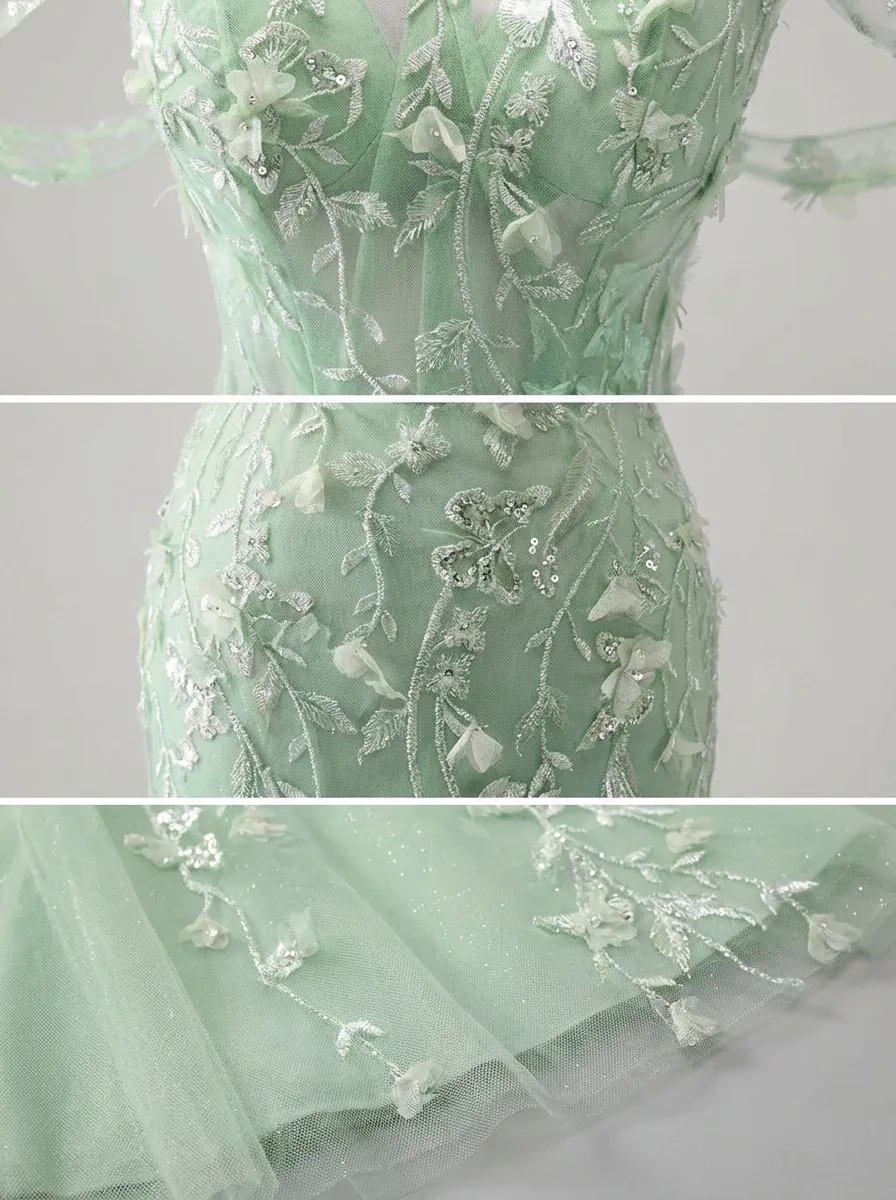 Blue Sequin Mermaid Prom Dress | Off-the-Shoulder Floral Corset Gown