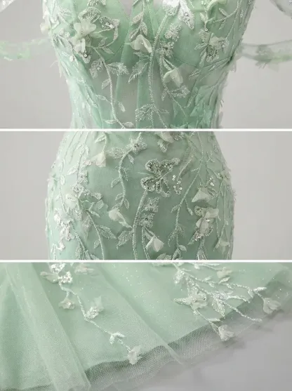 Blue Sequin Mermaid Prom Dress | Off-the-Shoulder Floral Corset Gown