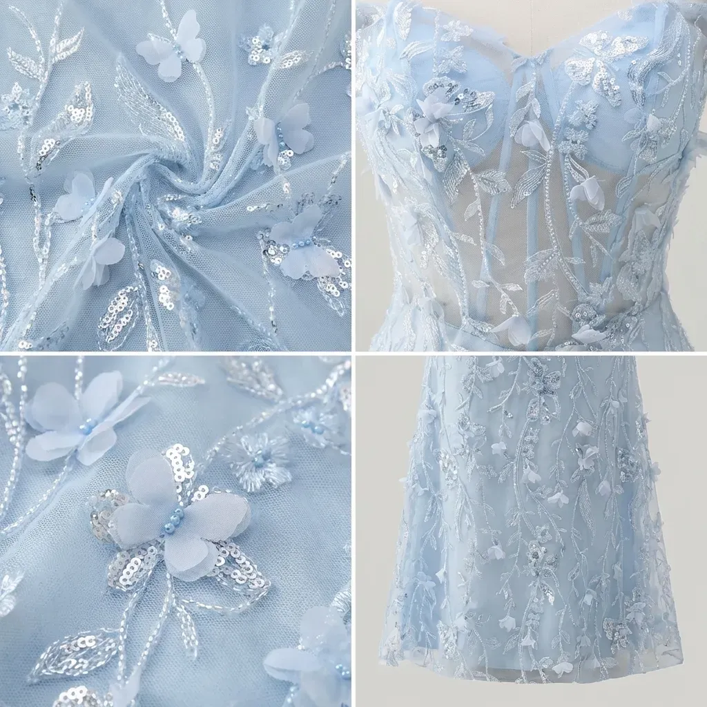 Blue Sequin Mermaid Prom Dress | Off-the-Shoulder Floral Corset Gown