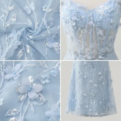 Blue Sequin Mermaid Prom Dress | Off-the-Shoulder Floral Corset Gown
