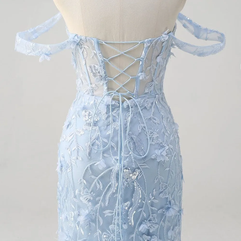 Blue Sequin Mermaid Prom Dress | Off-the-Shoulder Floral Corset Gown