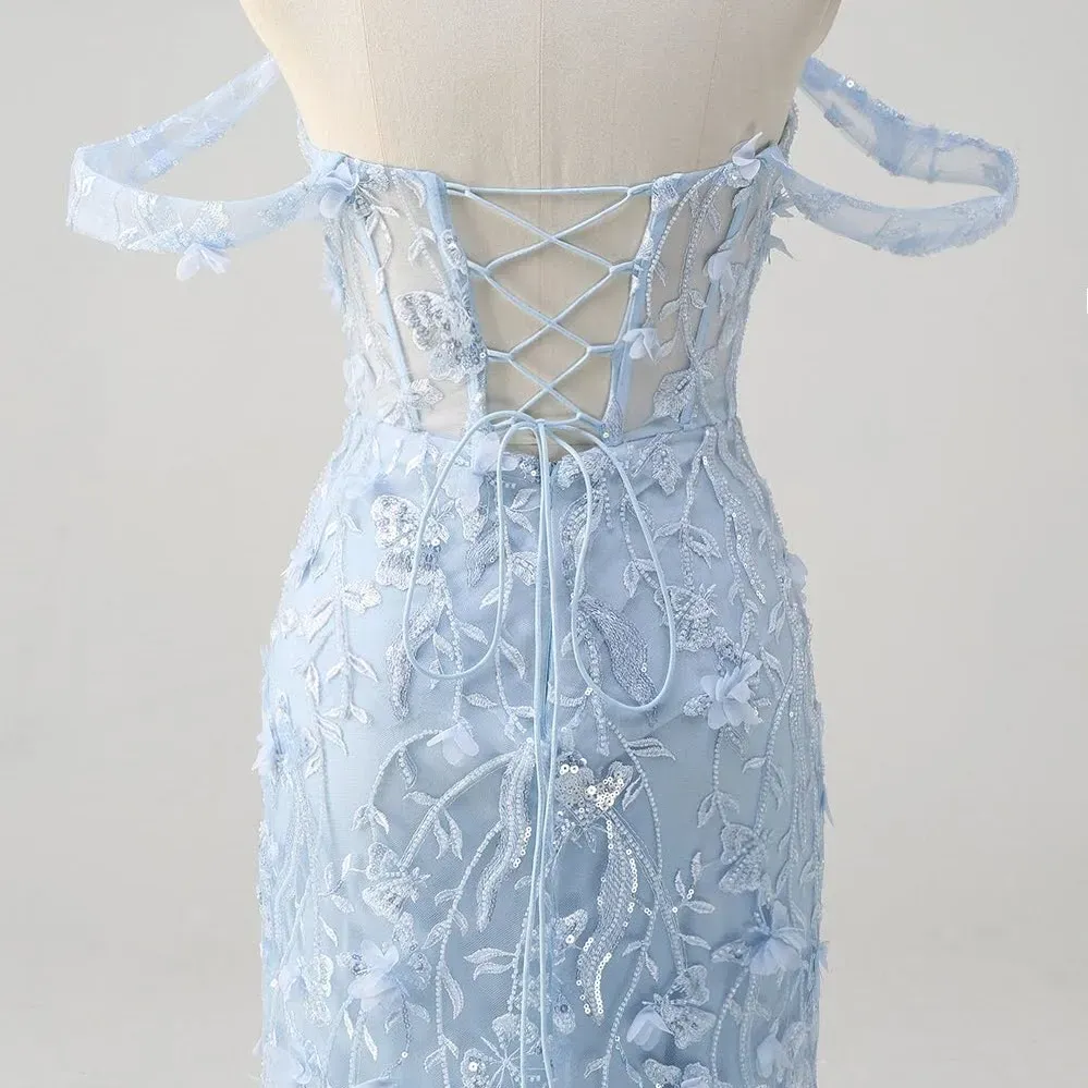 Blue Sequin Mermaid Prom Dress | Off-the-Shoulder Floral Corset Gown