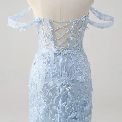 Blue Sequin Mermaid Prom Dress | Off-the-Shoulder Floral Corset Gown