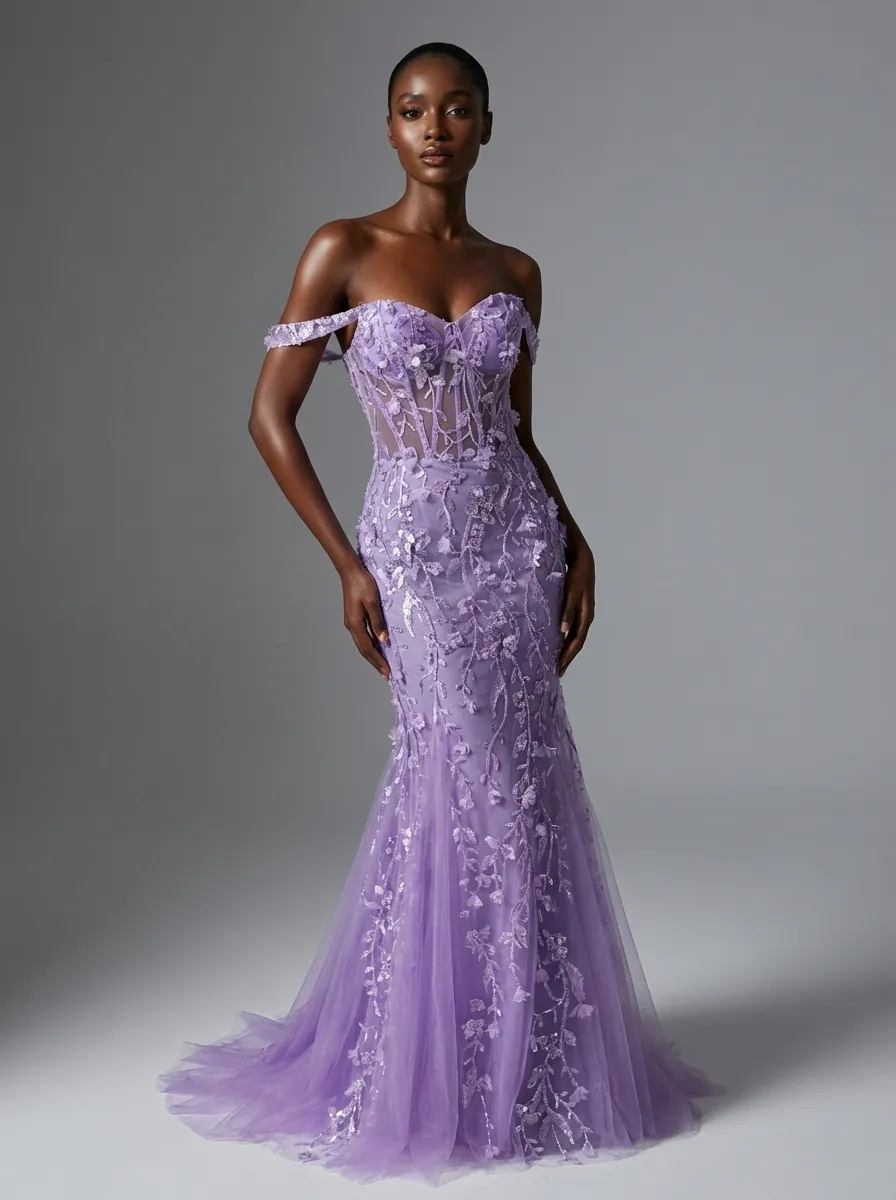 Blue Sequin Mermaid Prom Dress | Off-the-Shoulder Floral Corset Gown