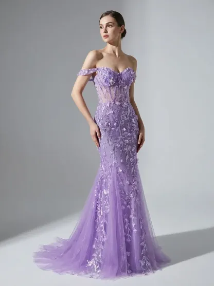 Blue Sequin Mermaid Prom Dress | Off-the-Shoulder Floral Corset Gown
