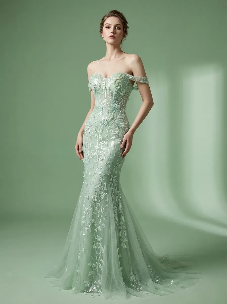 Blue Sequin Mermaid Prom Dress | Off-the-Shoulder Floral Corset Gown
