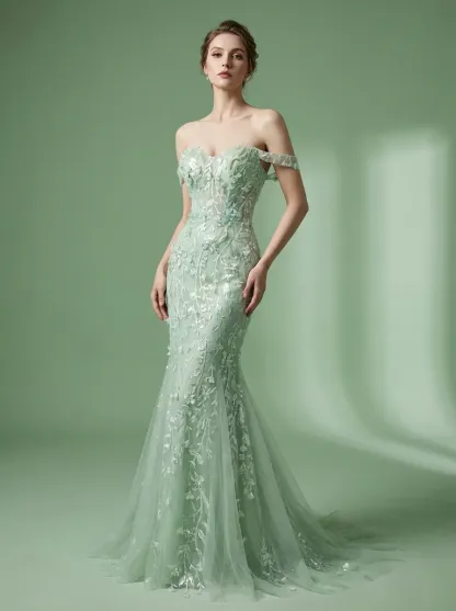 Blue Sequin Mermaid Prom Dress | Off-the-Shoulder Floral Corset Gown