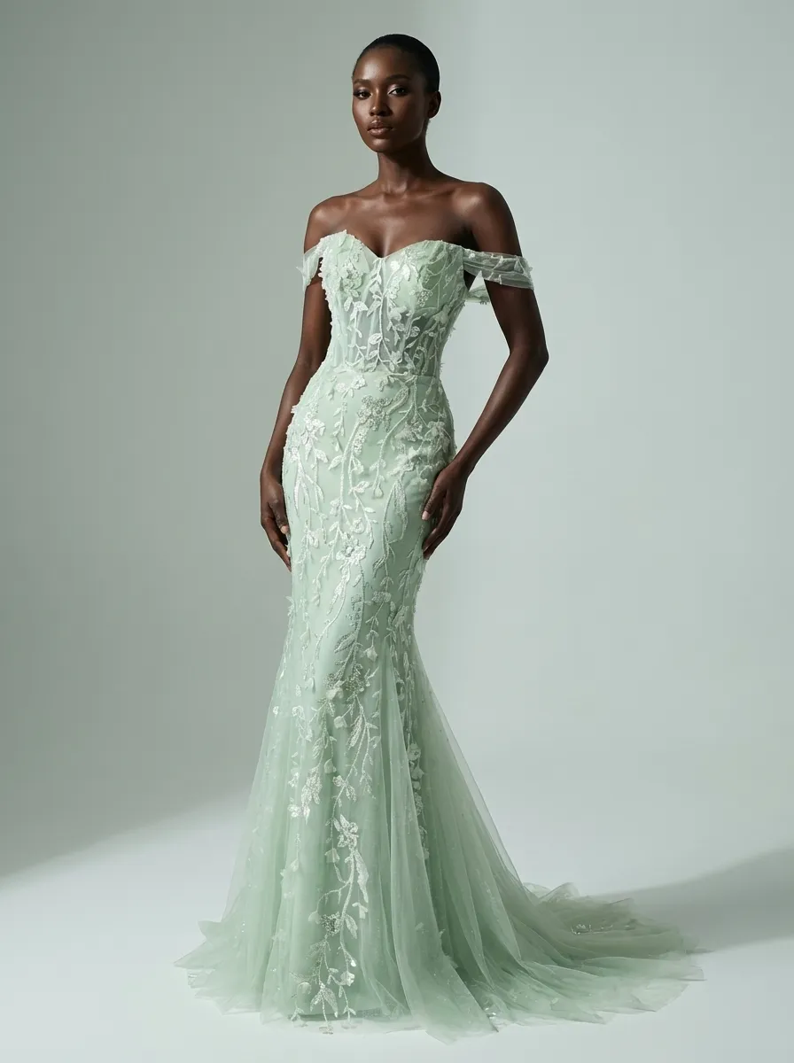 Blue Sequin Mermaid Prom Dress | Off-the-Shoulder Floral Corset Gown