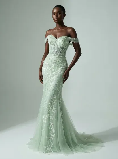 Blue Sequin Mermaid Prom Dress | Off-the-Shoulder Floral Corset Gown