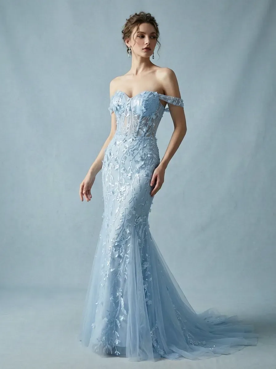 Blue Sequin Mermaid Prom Dress | Off-the-Shoulder Floral Corset Gown