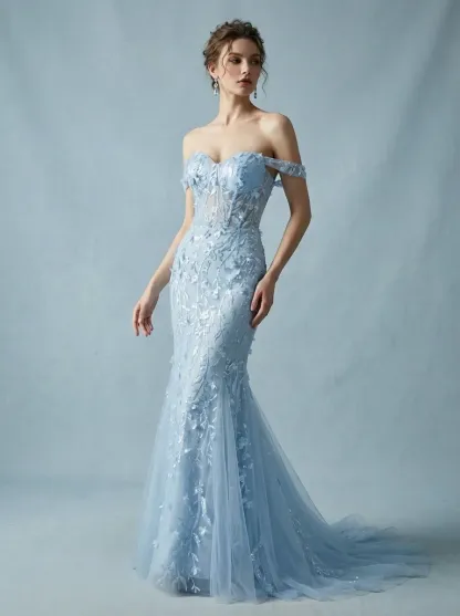 Blue Sequin Mermaid Prom Dress | Off-the-Shoulder Floral Corset Gown