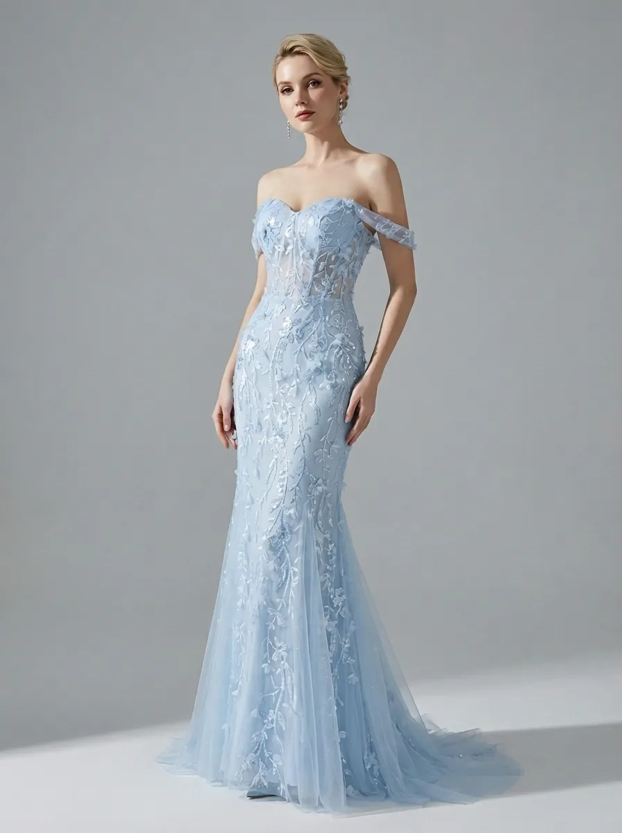 Blue Sequin Mermaid Prom Dress | Off-the-Shoulder Floral Corset Gown