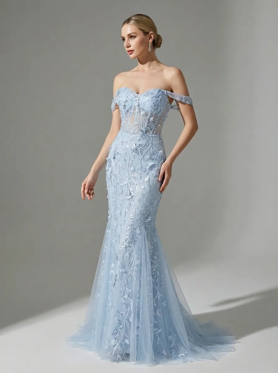 Blue Sequin Mermaid Prom Dress | Off-the-Shoulder Floral Corset Gown