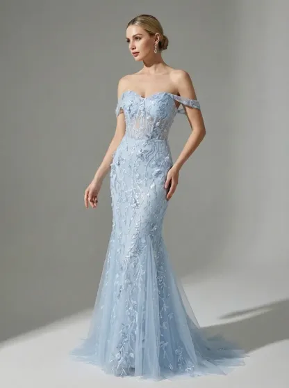 Blue Sequin Mermaid Prom Dress | Off-the-Shoulder Floral Corset Gown
