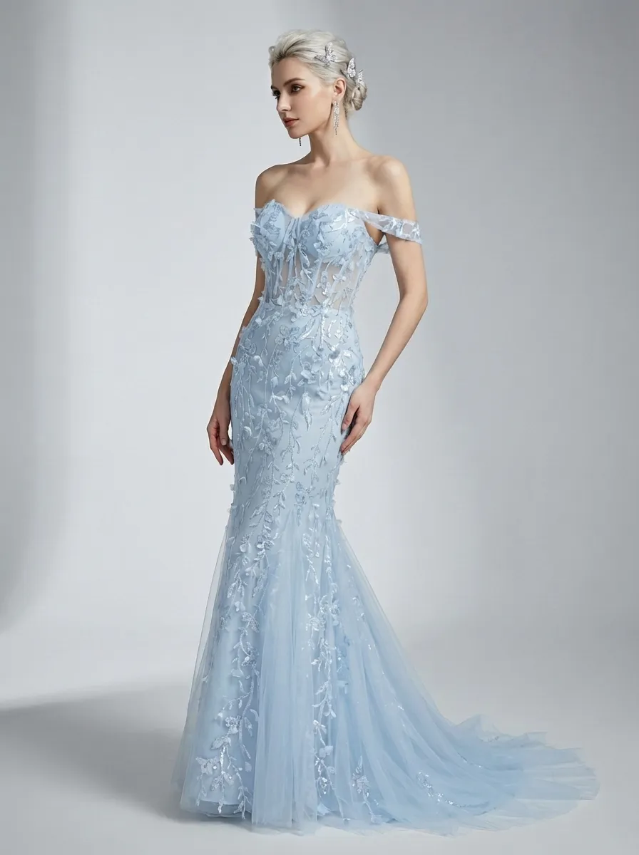 Blue Sequin Mermaid Prom Dress | Off-the-Shoulder Floral Corset Gown