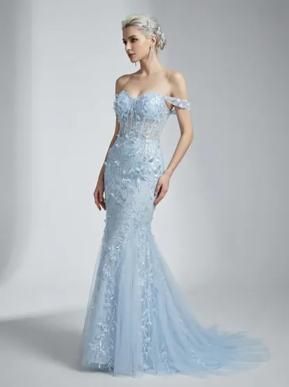 Blue Sequin Mermaid Prom Dress | Off-the-Shoulder Floral Corset Gown