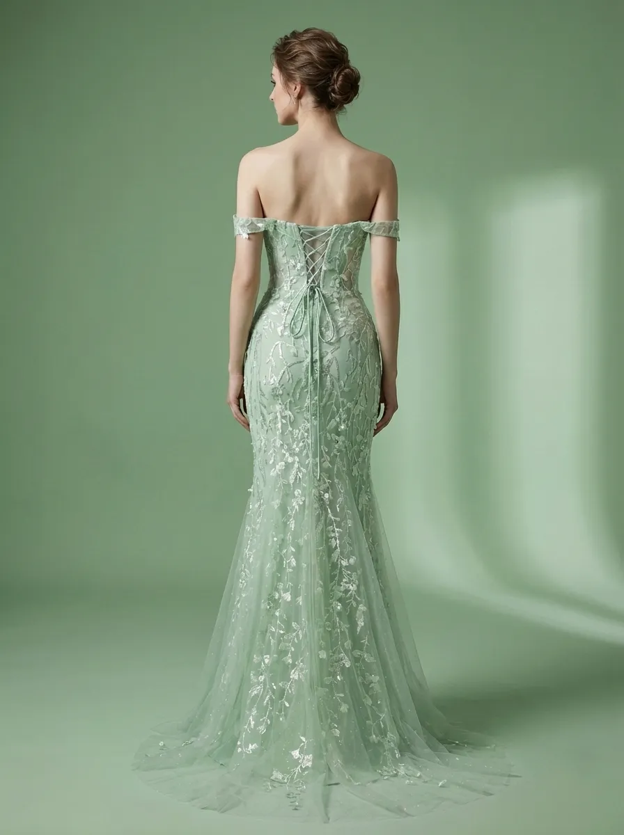 Blue Sequin Mermaid Prom Dress | Off-the-Shoulder Floral Corset Gown