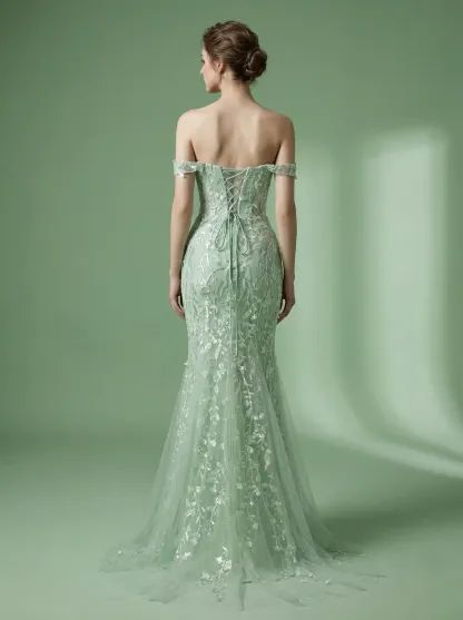 Blue Sequin Mermaid Prom Dress | Off-the-Shoulder Floral Corset Gown