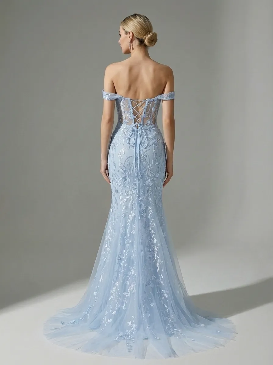 Blue Sequin Mermaid Prom Dress | Off-the-Shoulder Floral Corset Gown