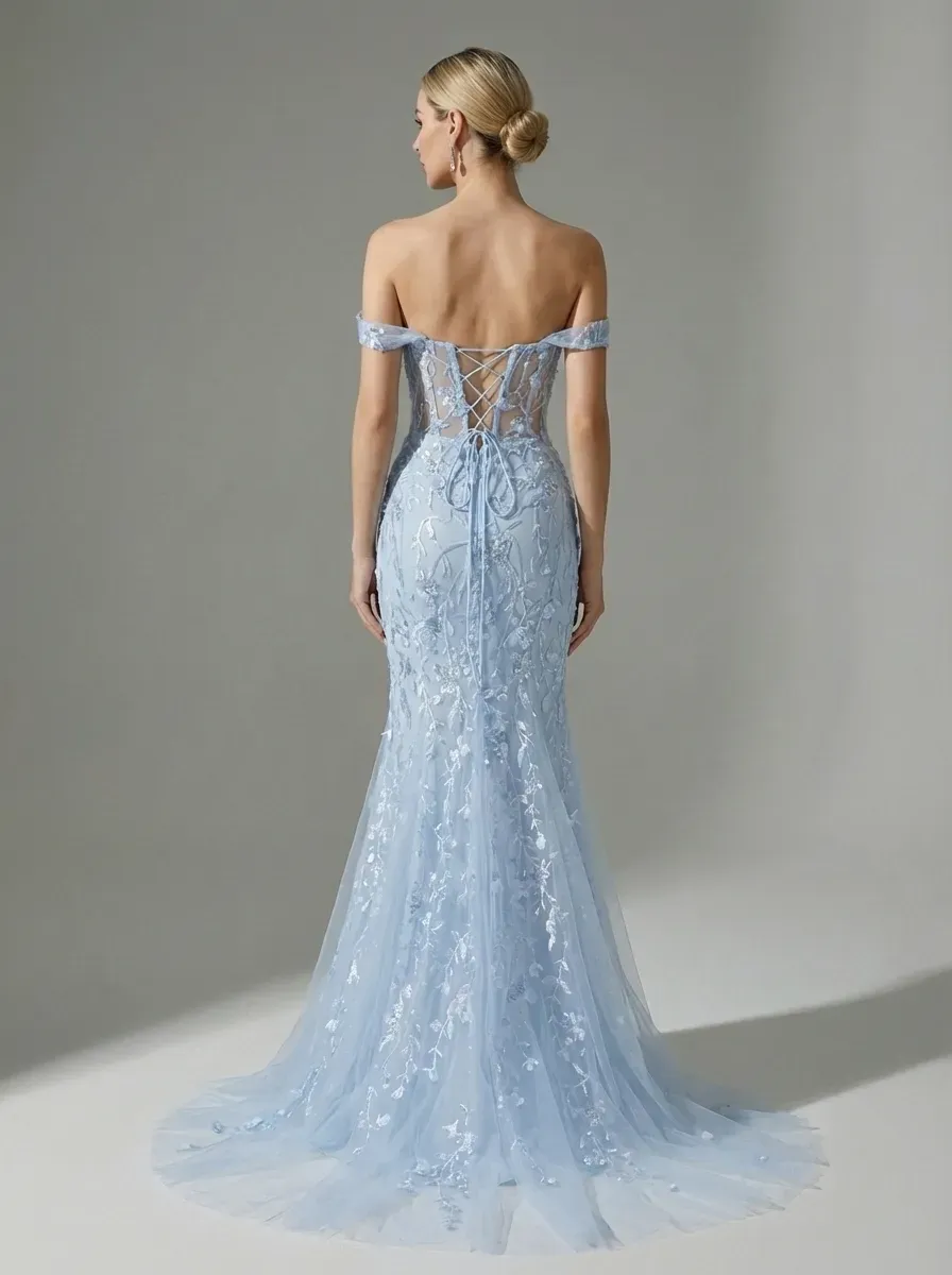 Blue Sequin Mermaid Prom Dress | Off-the-Shoulder Floral Corset Gown