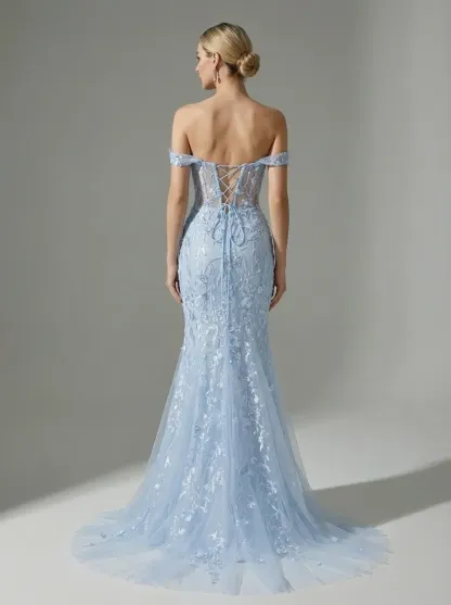 Blue Sequin Mermaid Prom Dress | Off-the-Shoulder Floral Corset Gown
